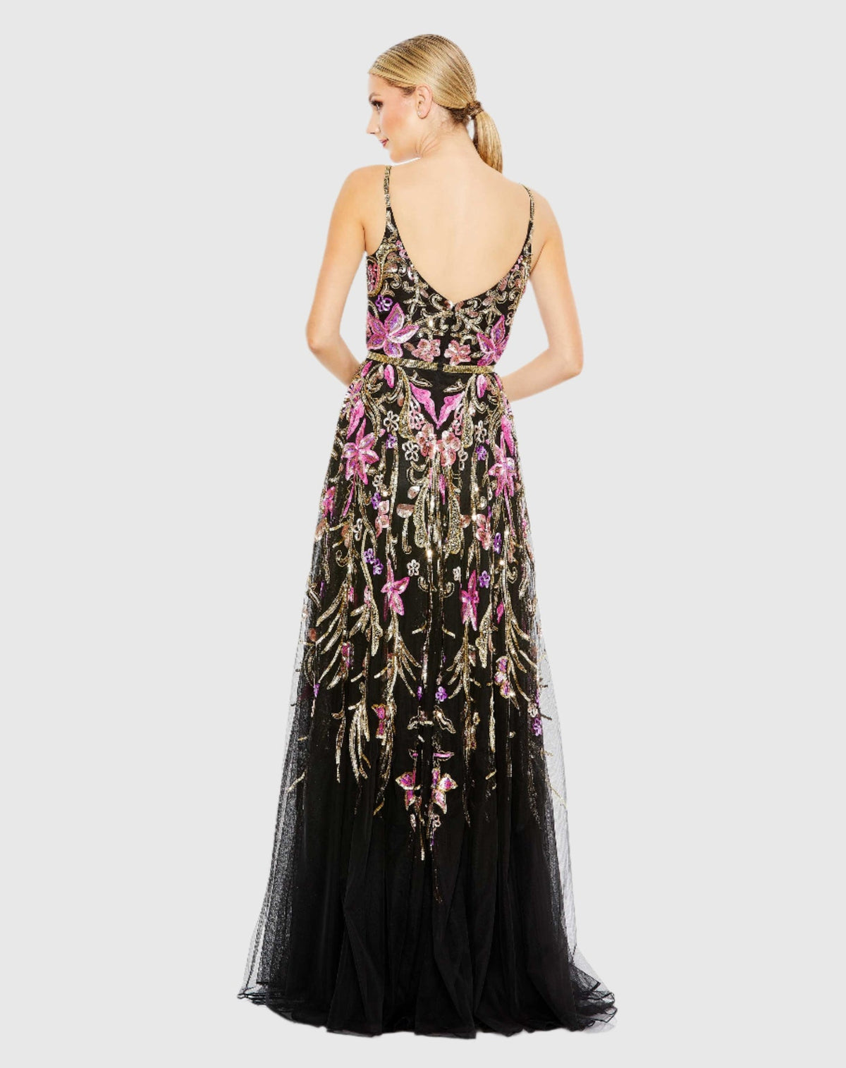 Beige V Neck Floral Embellished Spaghetti Strap Gown - Black