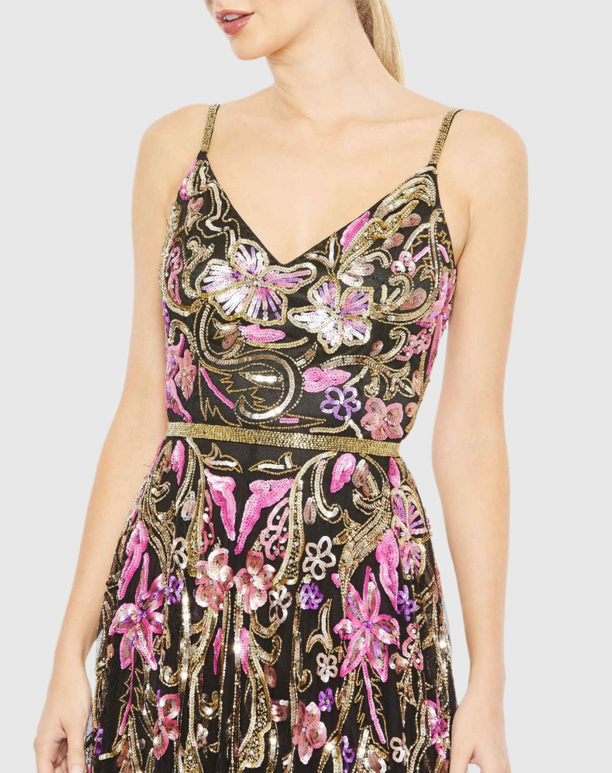 Beige V Neck Floral Embellished Spaghetti Strap Gown - Black