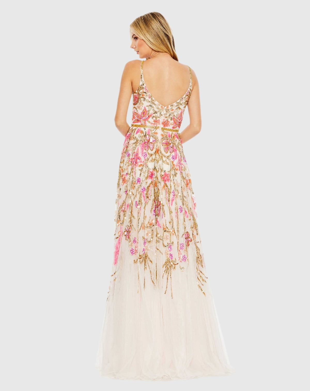 Beige V Neck Floral Embellished Spaghetti Strap Gown - Black