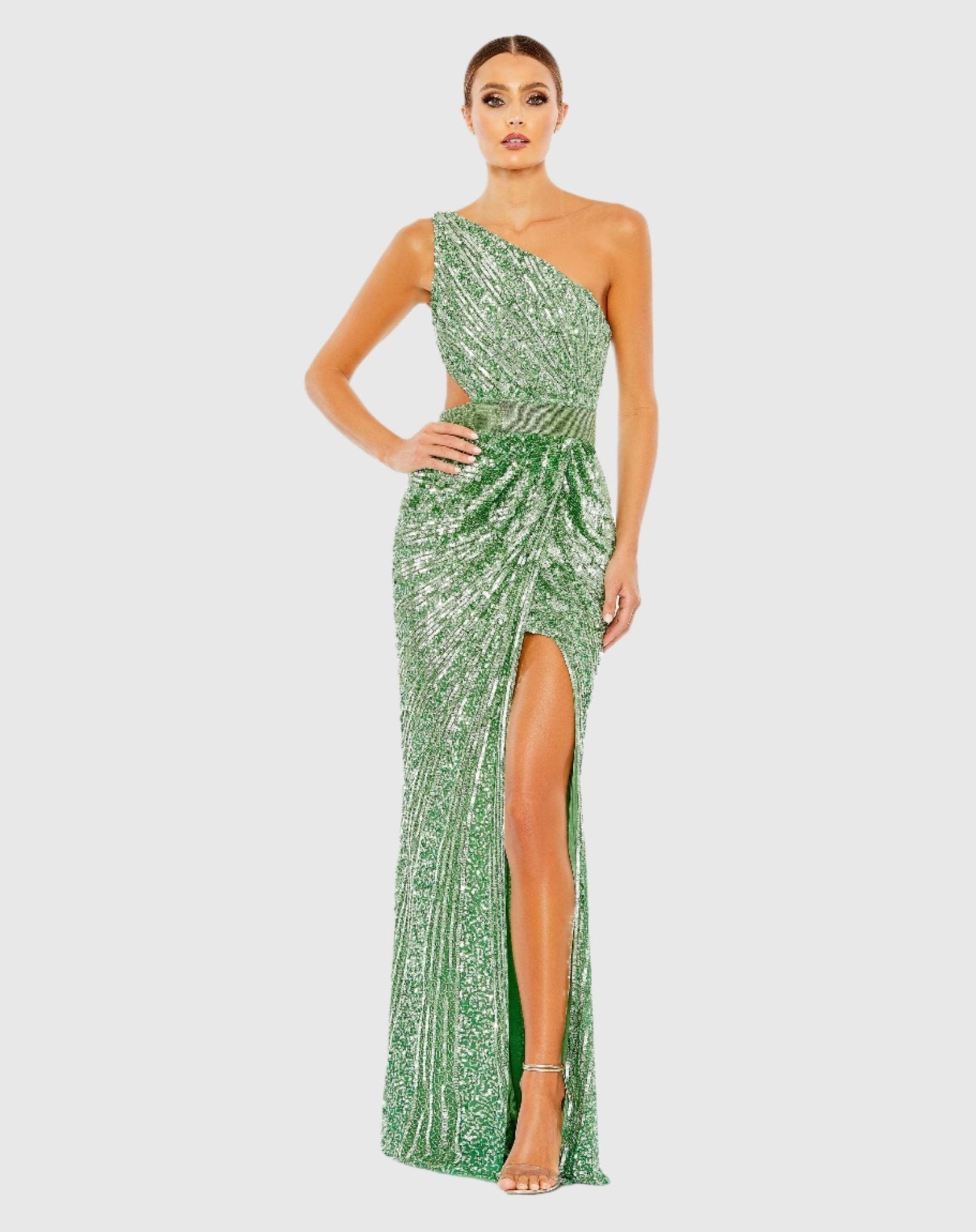 Sequin one shoulder draped lace up gown