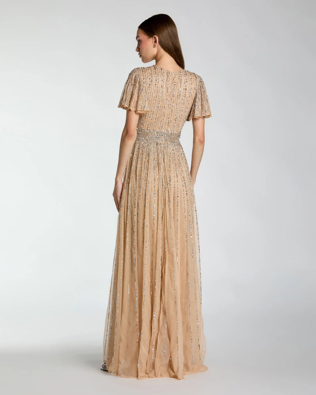 Mac Duggal Beige Sequin V-Neck Flutter Sleeve Gown #5713 Nude Silver