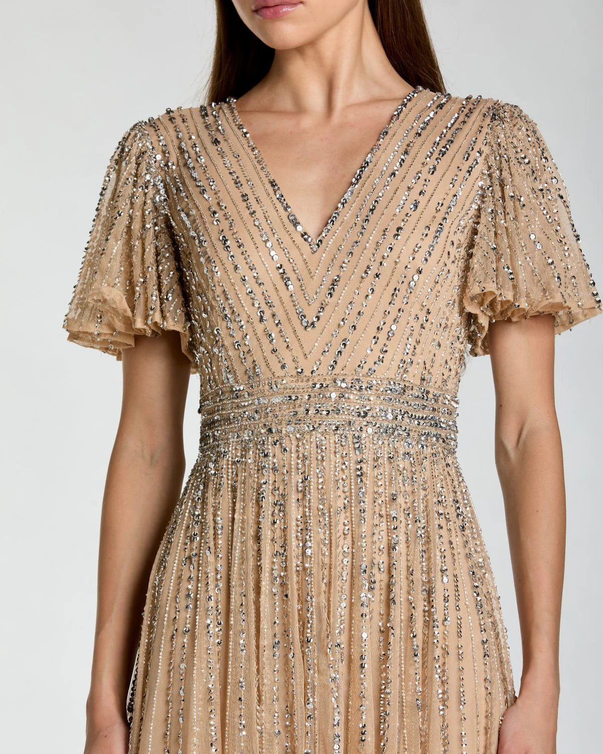 Mac Duggal Beige Sequin V-Neck Flutter Sleeve Gown #5713 Nude Silver Shaide Boutique Mac Duggal Beige Sequin V-Neck Flutter Sleeve Gown #5713 Nude Silver Shaide Boutique