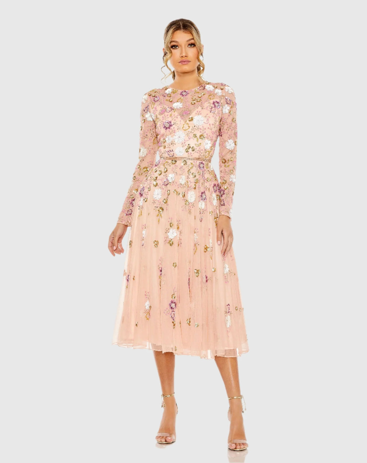 Mac Duggal Pink Sequined Floral Long Sleeve High Neck Midi Dress #5716 Blush
