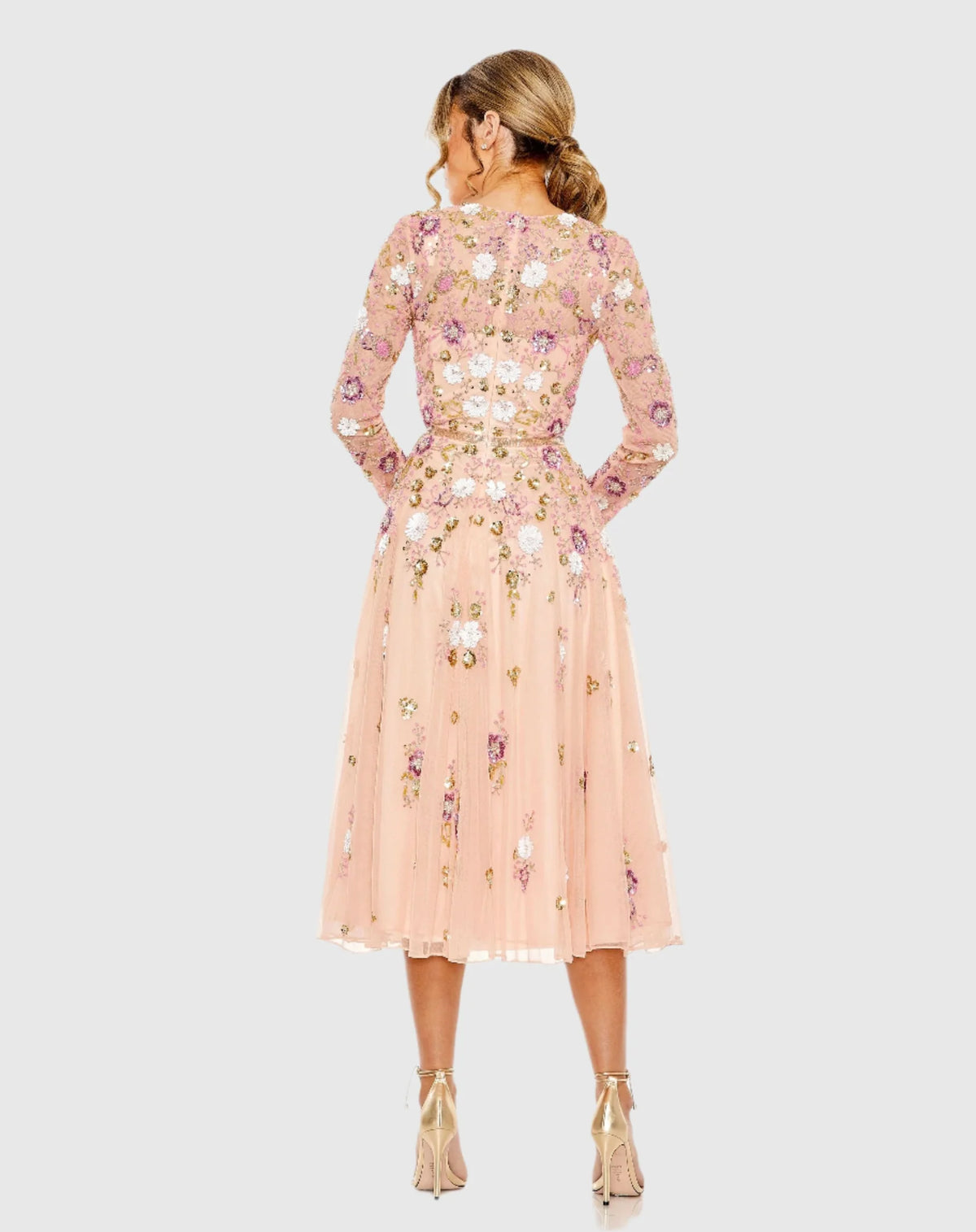 Sequin Floral Long Sleeve Midi Dress - Blush