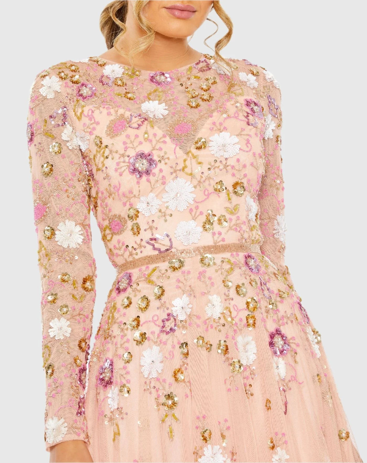 Sequin Floral Long Sleeve Midi Dress - Blush