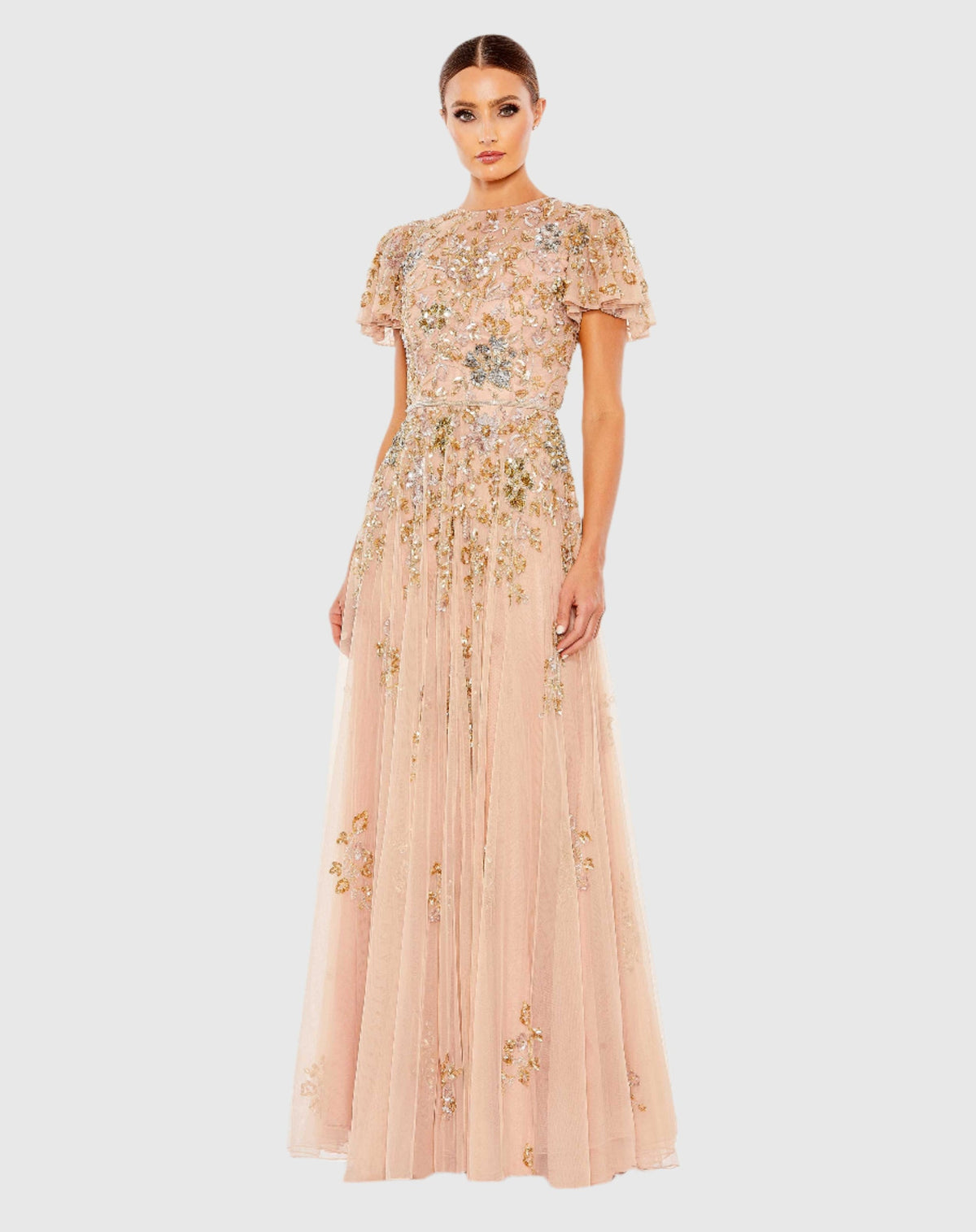 Mac Duggal  #5717 Embellished Butterfly Modest Gown - Taupe Multi
