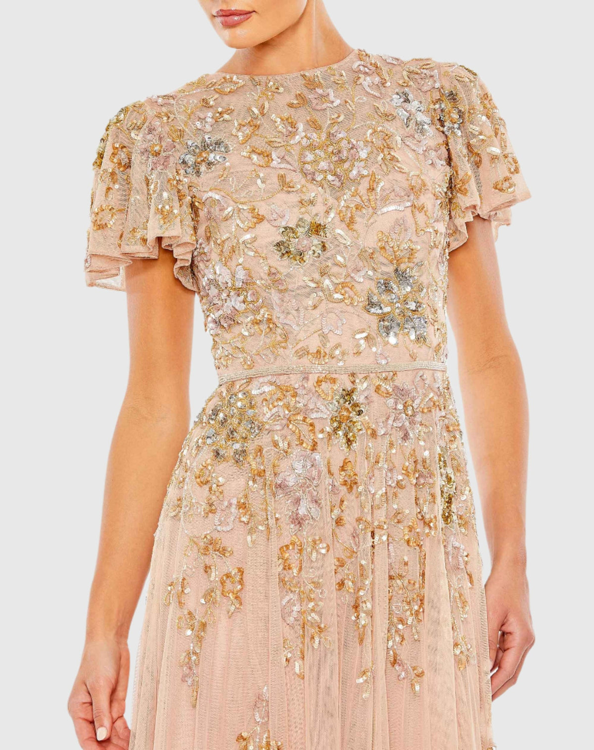 Embellished Butterfly Modest Gown - Taupe Multi
