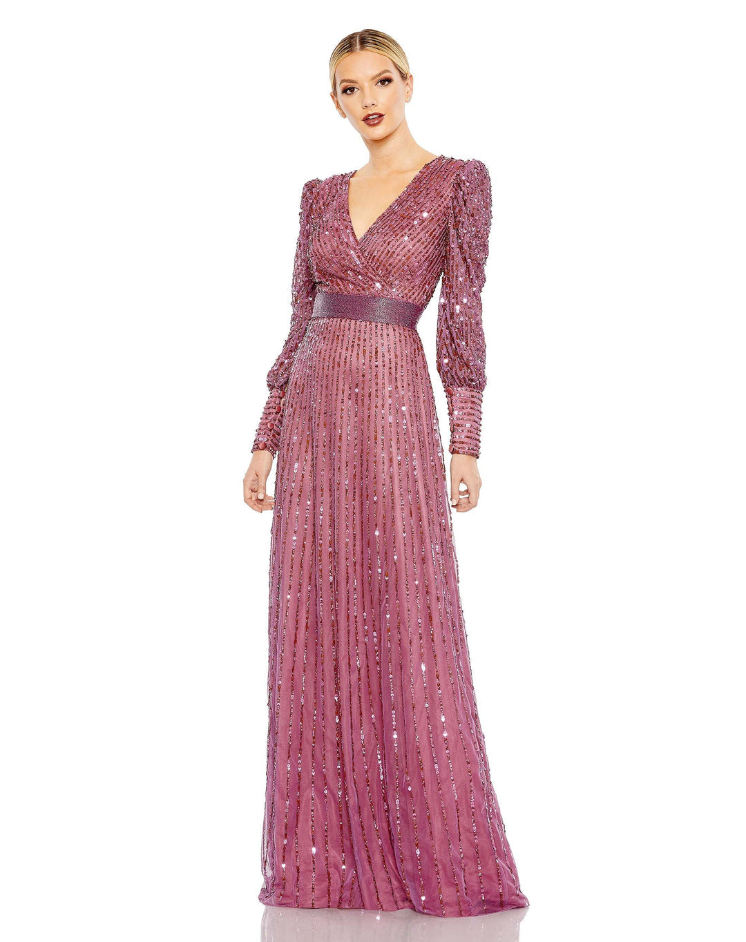 MAC DUGGAL, SEQUINED WRAP OVER BISHOP SLEEVE MODEST GOWN, Style #5720, MAUVE PINK