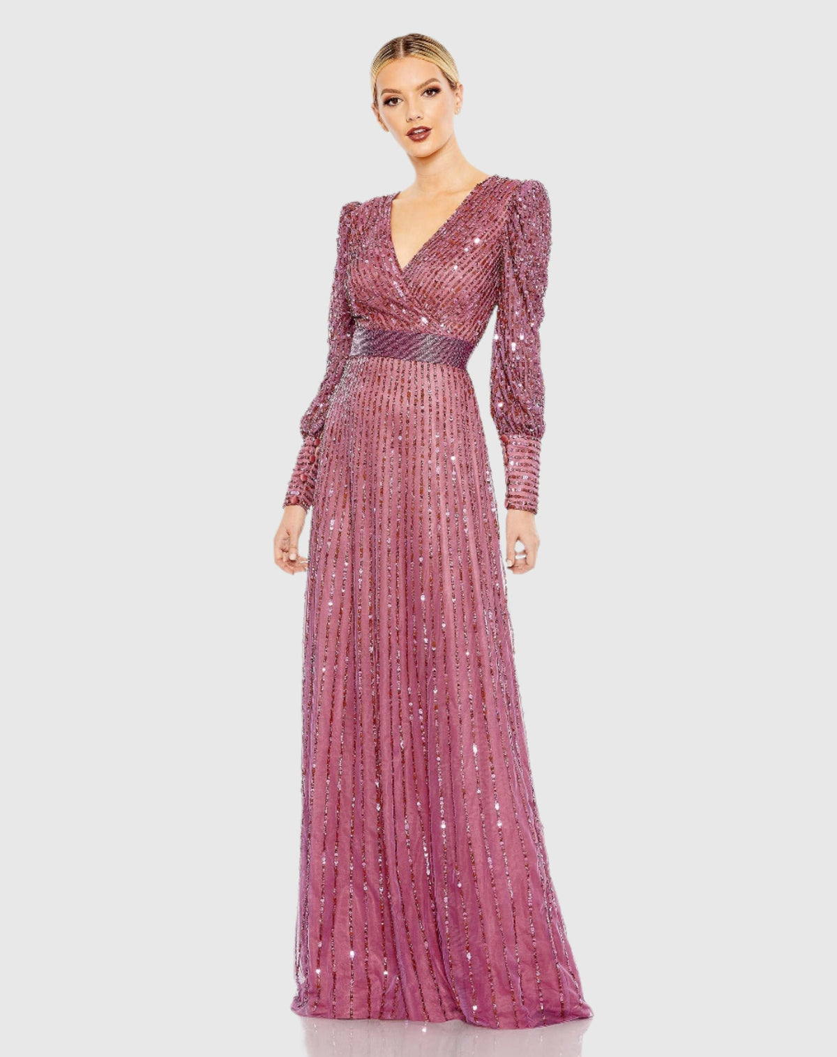 Mac Duggal, Bishop Sleeve Sequin Wrap Modest Gown - Mauve | Shop Prom Dresses, Wedding Guest Dresses, and Black Tie Evening Gowns Online at SHAIDE! Shaide Boutique Mac Duggal, Bishop Sleeve Sequin Wrap Modest Gown - Mauve | Shop Prom Dresses, Wedding Guest Dresses, and Black Tie Evening Gowns Online at SHAIDE! Shaide Boutique