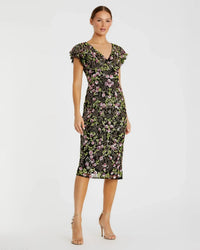 Mac Duggal 5722 Black Multi beaded mesh V neck cap sleeve midi dress - front