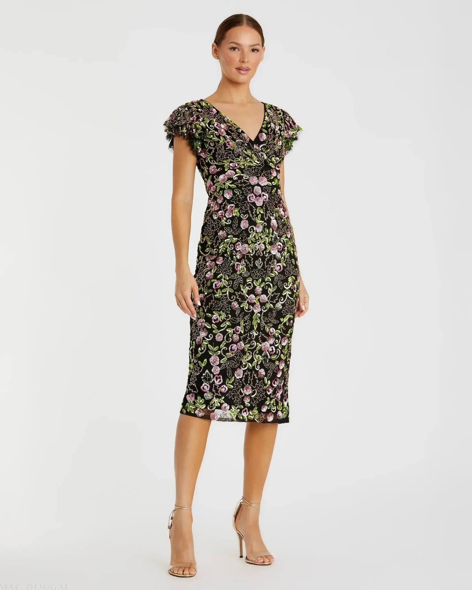 Mac Duggal 5722 Black Multi beaded mesh V neck cap sleeve midi dress - front