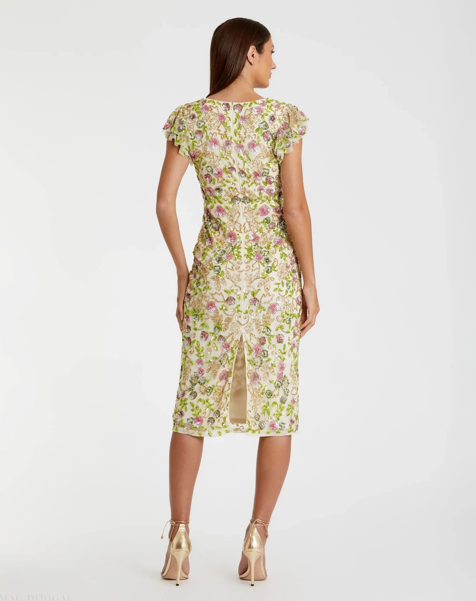 Mac Duggal 5722 Cream Multi beaded mesh V neck cap sleeve midi dress - back