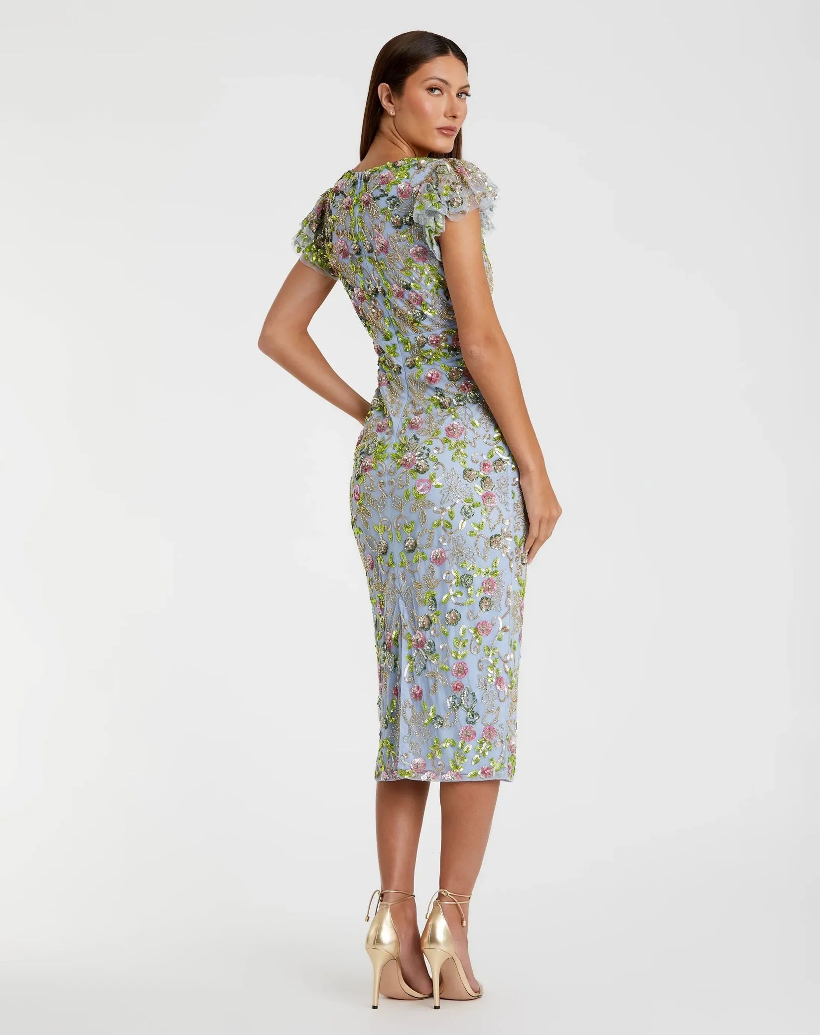 Mac Duggal 5722 Slate Blue Multi beaded mesh V neck cap sleeve midi dress - back