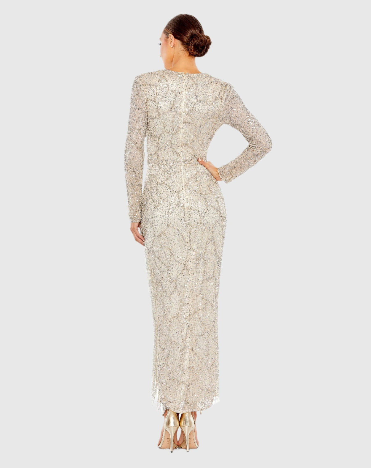 Embellished Long Sleeve V Neck Beaded Hem Gown - Silver Nude
