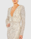 Embellished Long Sleeve V Neck Beaded Hem Gown - Silver Nude