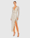Embellished Long Sleeve V Neck Beaded Hem Gown - Silver Nude