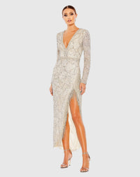 Embellished Long Sleeve V Neck Beaded Hem Gown - Silver Nude