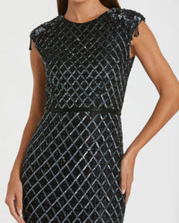 Mac Duggal 5776 Black high neck dress with crystal fringe detail - Close up detail