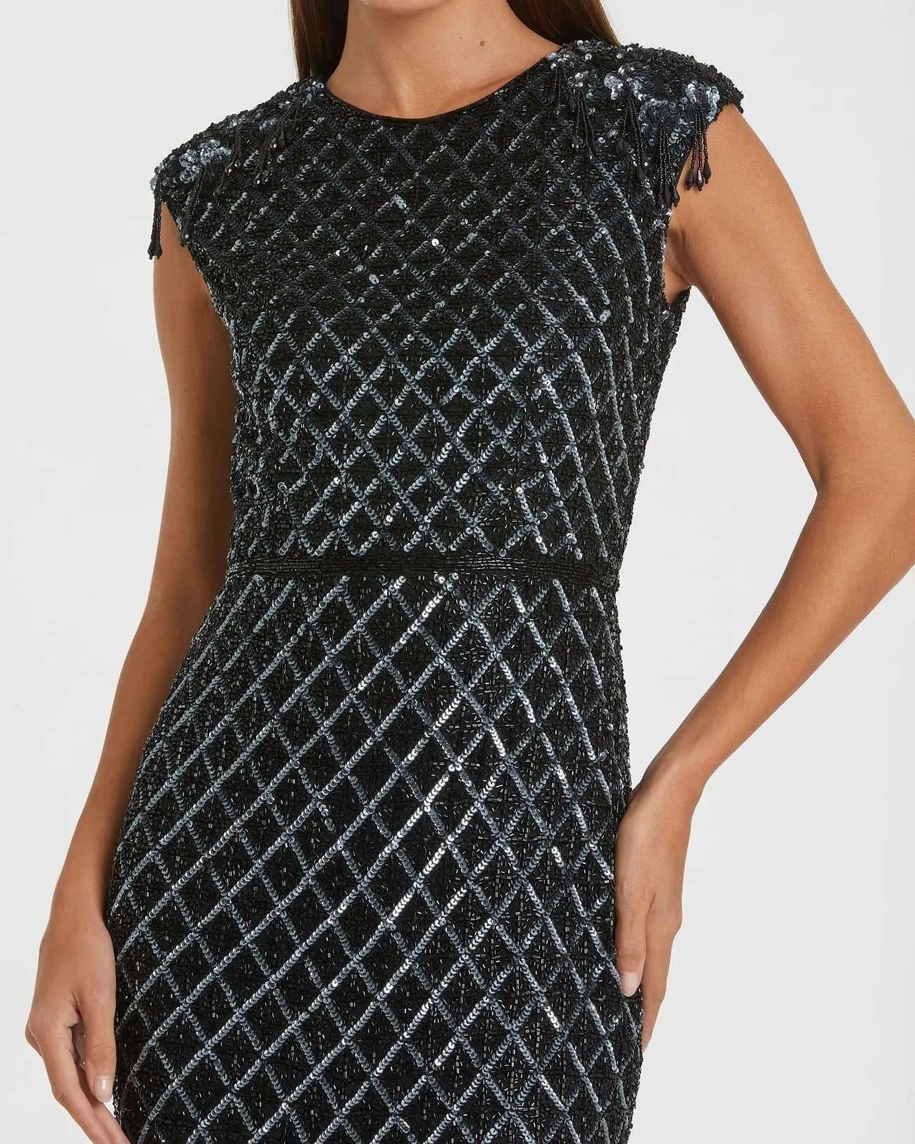 Mac Duggal 5776 Black high neck dress with crystal fringe detail - Close up detail