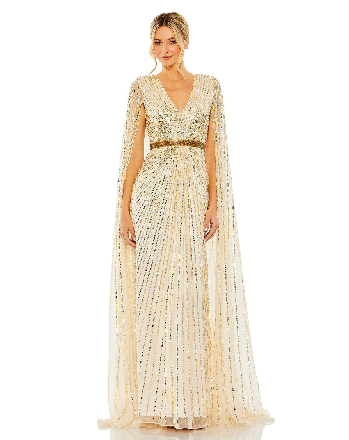 MAC DUGGAL, SEQUINED V-NECK GOWN WITH CAPE SLEEVES, Style #5803, NUDE