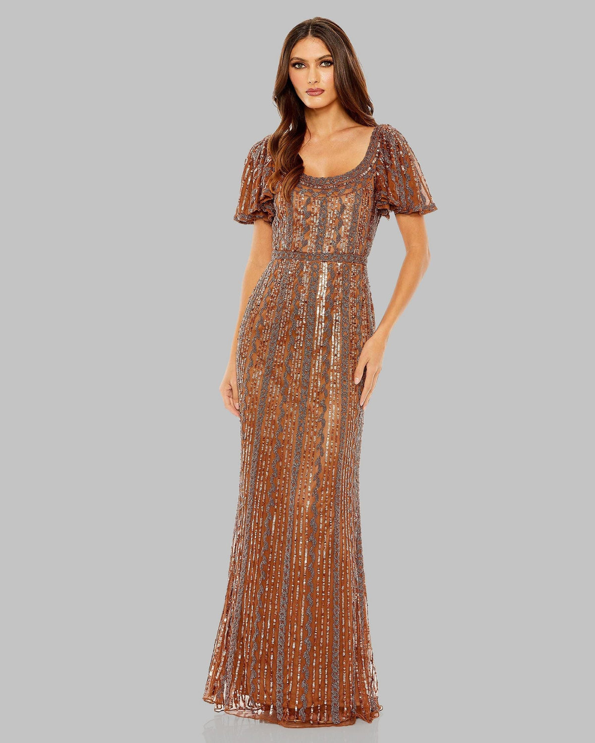 Mac Duggal Brown Beaded Flutter Sleeve Column Gown #5914 Copper
