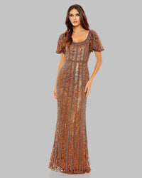 Mac Duggal Brown Beaded Flutter Sleeve Column Gown #5914 Copper