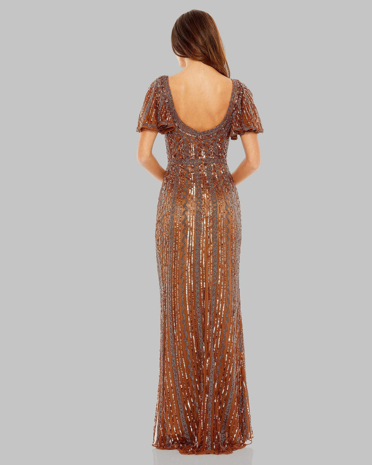 Back view of Mac Duggal 5914 copper embellished gown with flutter sleeves and concealed zipper