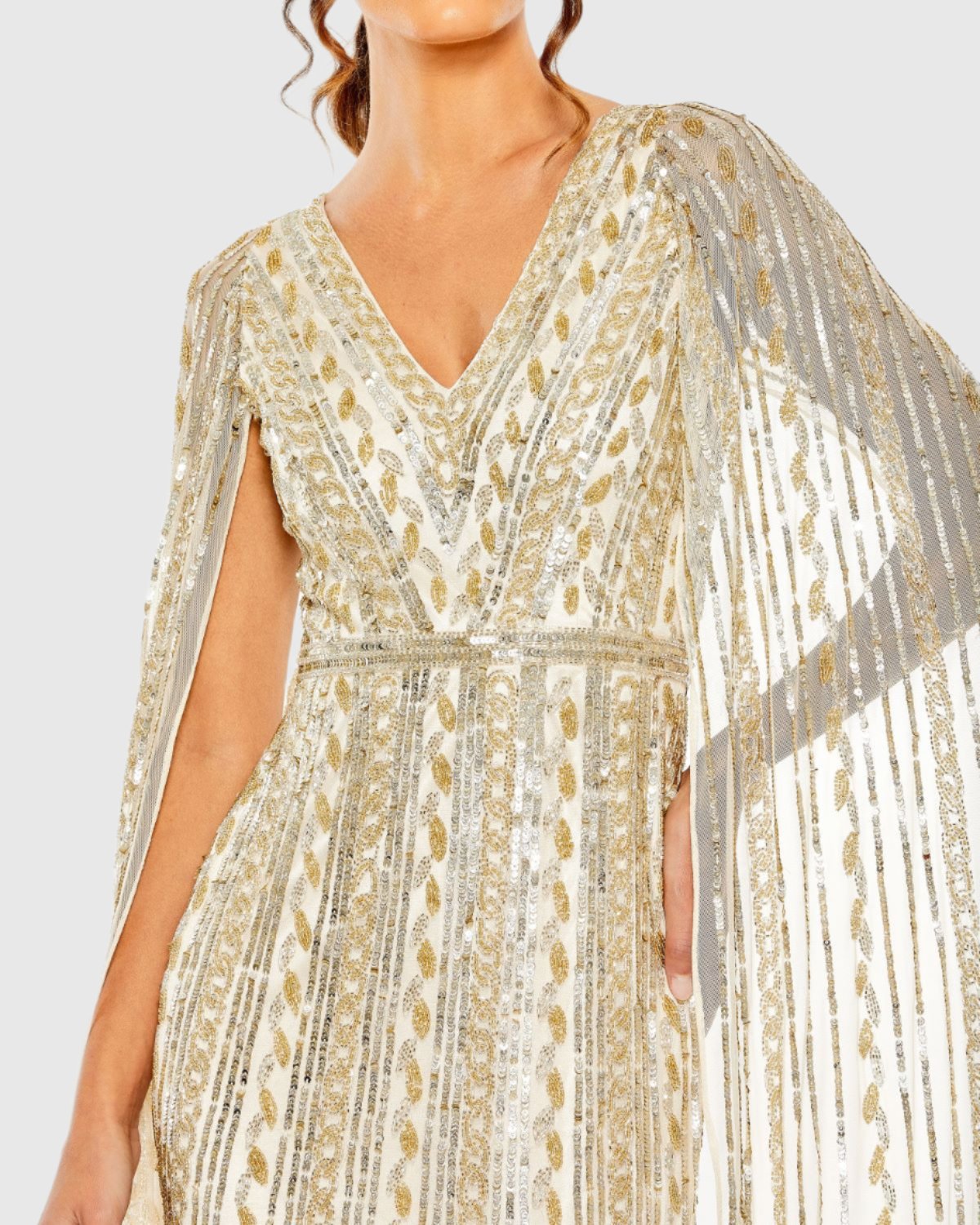 Sequined V-Neck Gown with Cape Sleeves - Nude Silver