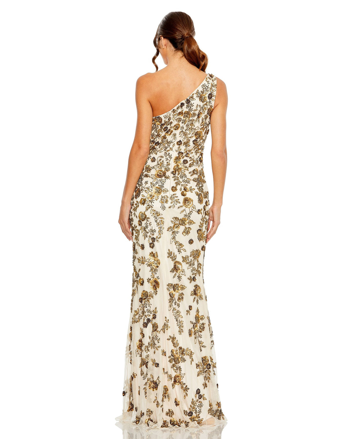FLORAL BEADED ONE SHOULDER GOWN Champagne Gold Style #5955 back Mac Duggal