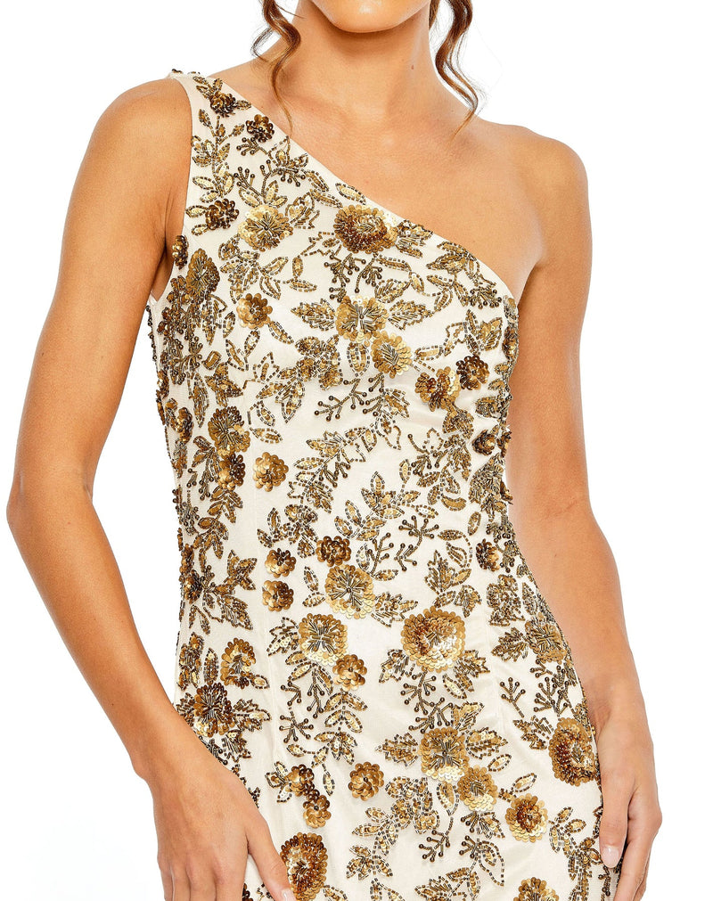 FLORAL BEADED ONE SHOULDER GOWN Champagne Gold Style #5955 close up Mac Duggal