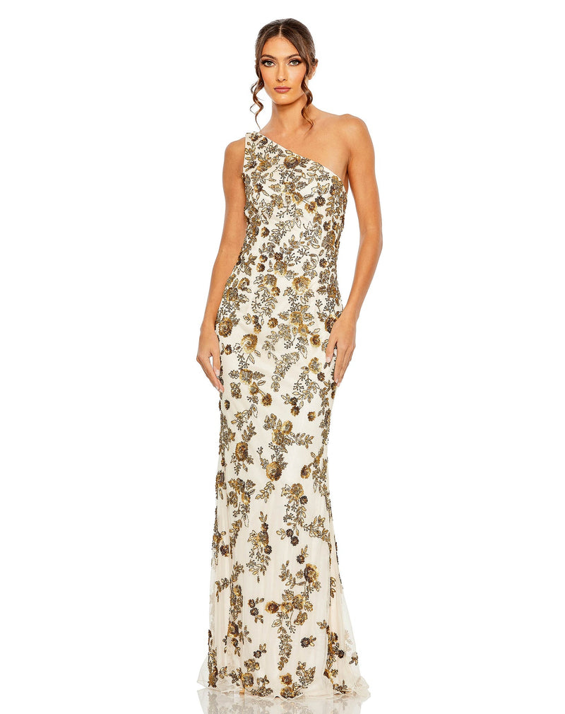 FLORAL BEADED ONE SHOULDER GOWN Champagne Gold Style #5955 Floral beaded one shoulder gown - Gold