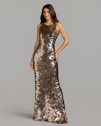 Mac Duggal #5959 gold sleeveless sequin column gown