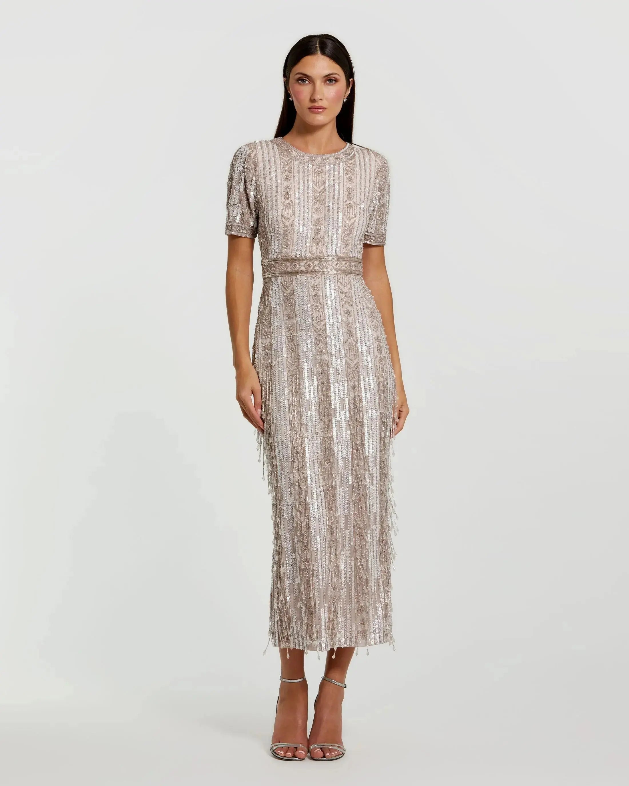 Mac Duggal #5980 blush high neck short sleeve crystal fringe sheath dress