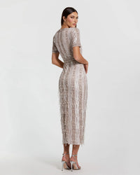 Mac Duggal #5980 blush high neck short sleeve crystal fringe sheath dress