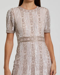 Mac Duggal #5980 blush high neck short sleeve crystal fringe sheath dress