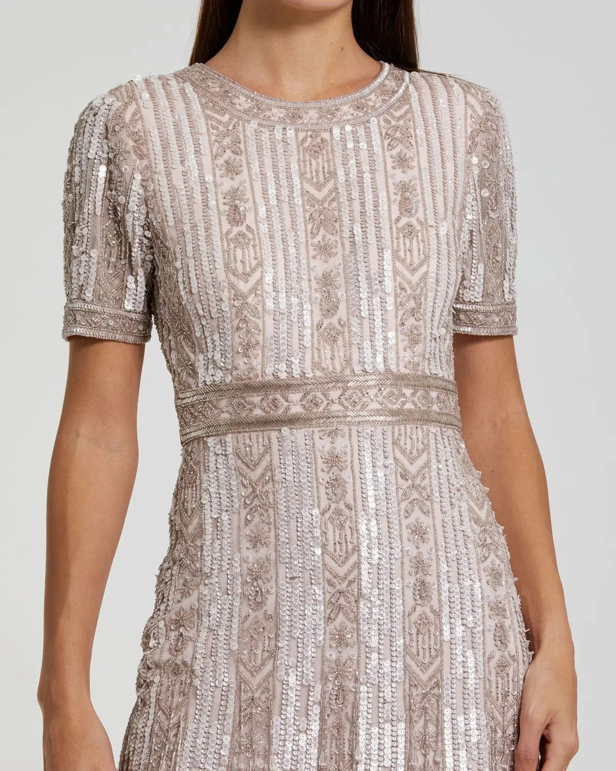 Mac Duggal #5980 blush high neck short sleeve crystal fringe sheath dress