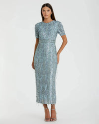 Mac Duggal #5980 Blue High Neck Short Sleeve Crystal Fringe Dress