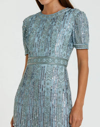 Mac Duggal #5980 Blue High Neck Short Sleeve Crystal Fringe Dress