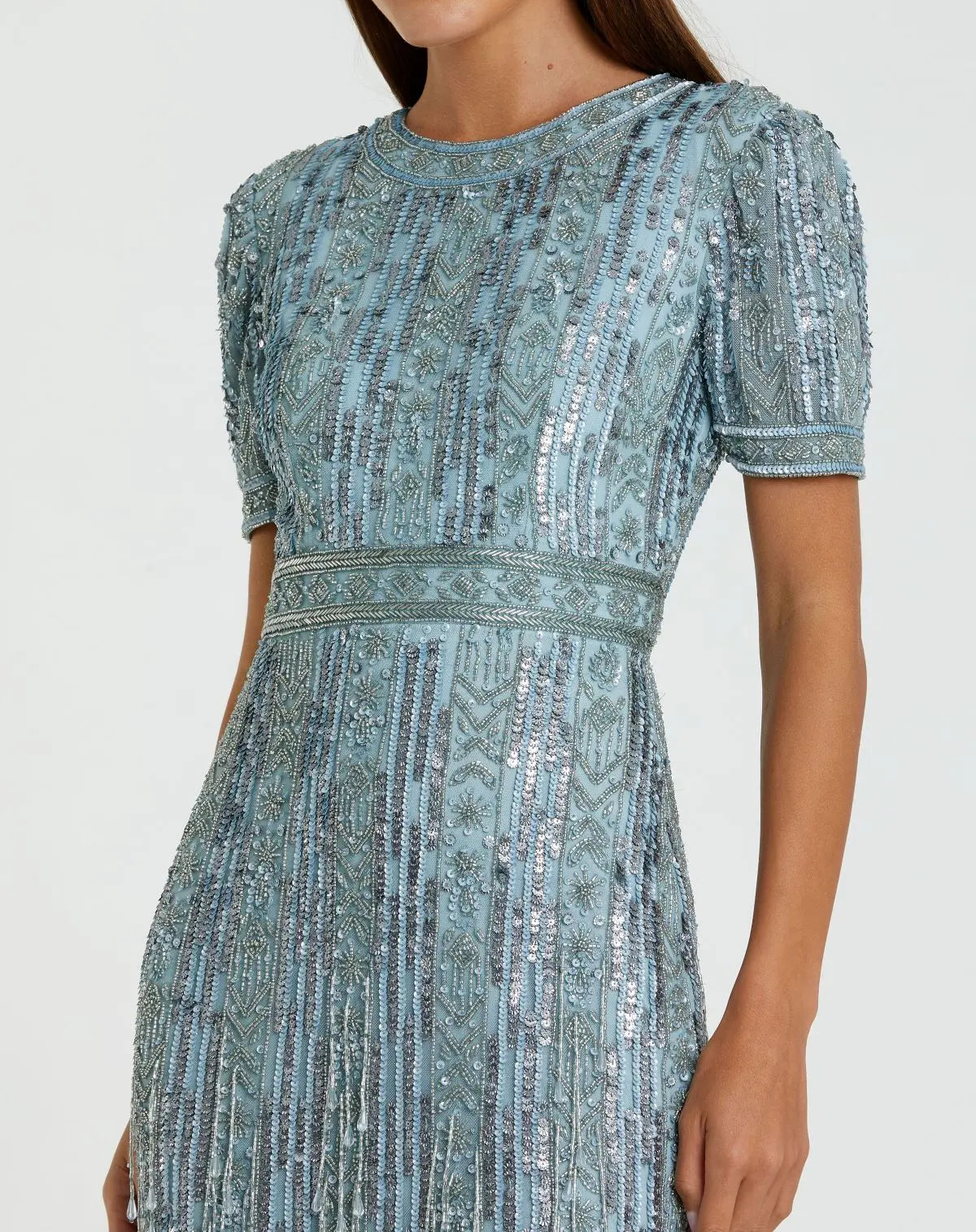 Mac Duggal #5980 Blue High Neck Short Sleeve Crystal Fringe Dress