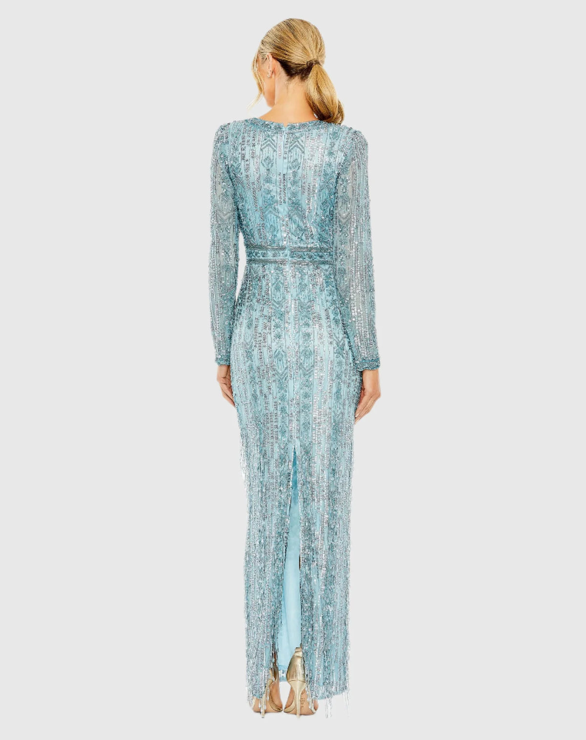 Long Sleeve Crystal Fringe Gown - Blue