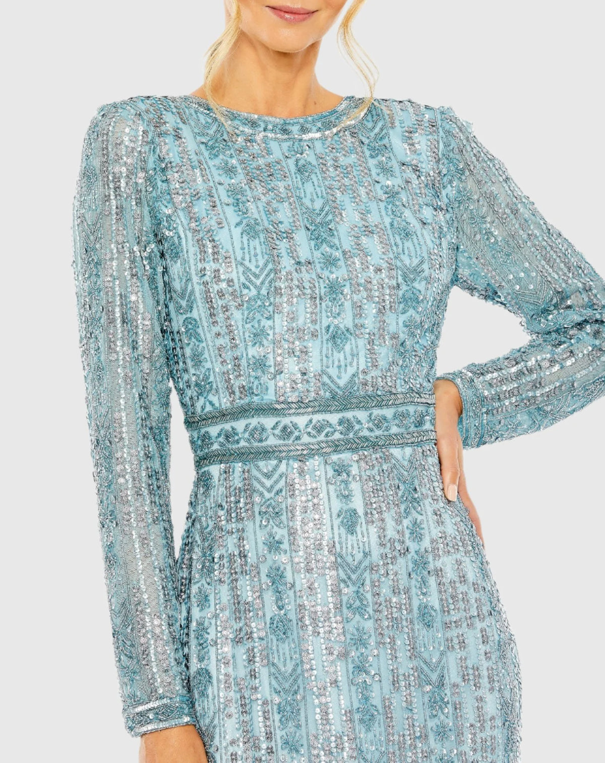 Long Sleeve Crystal Fringe Gown - Blue