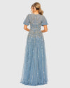 High Neck Puff Sleeve Embellished A Line Gown - Taupe