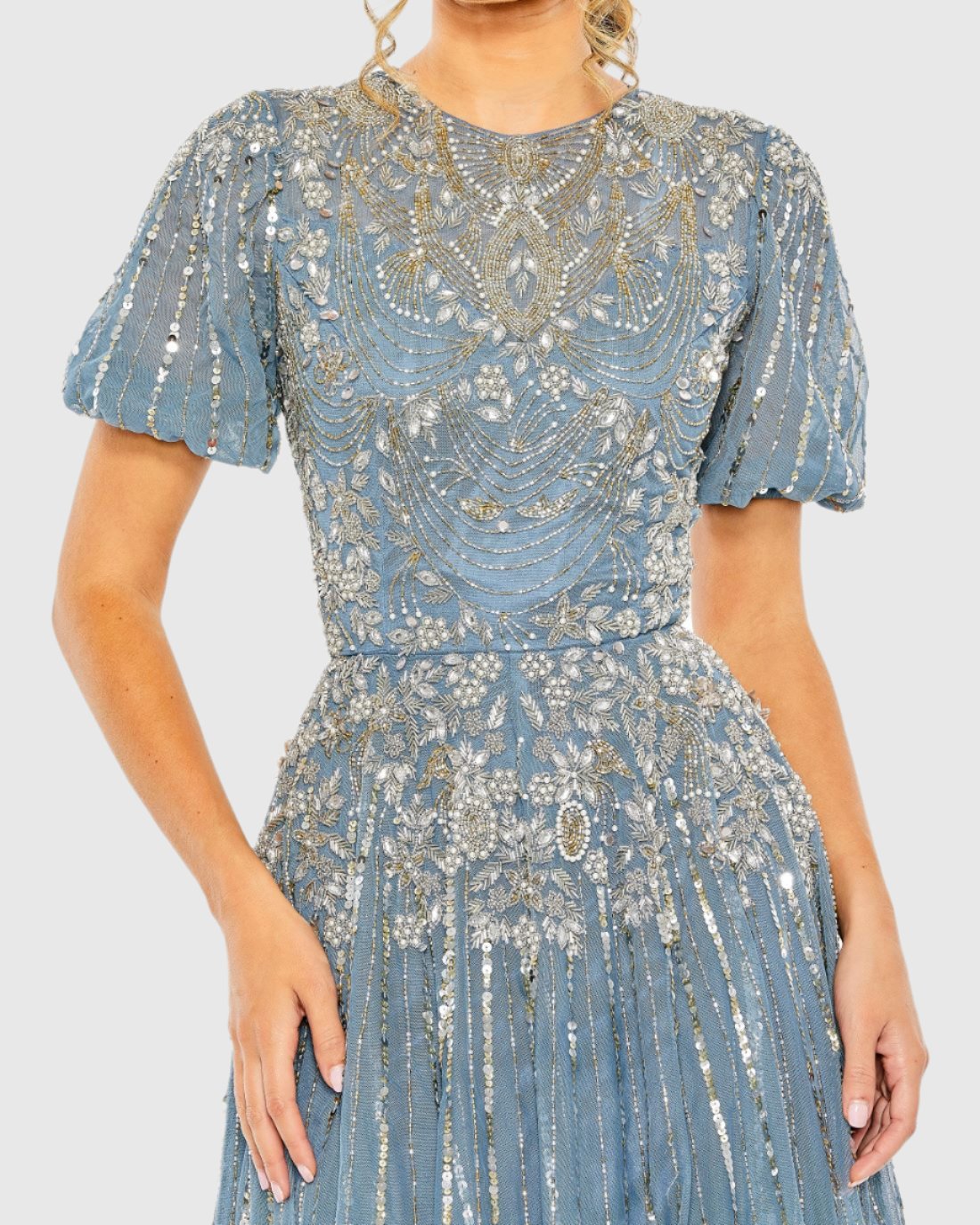 High Neck Puff Sleeve Embellished A Line Gown - Taupe