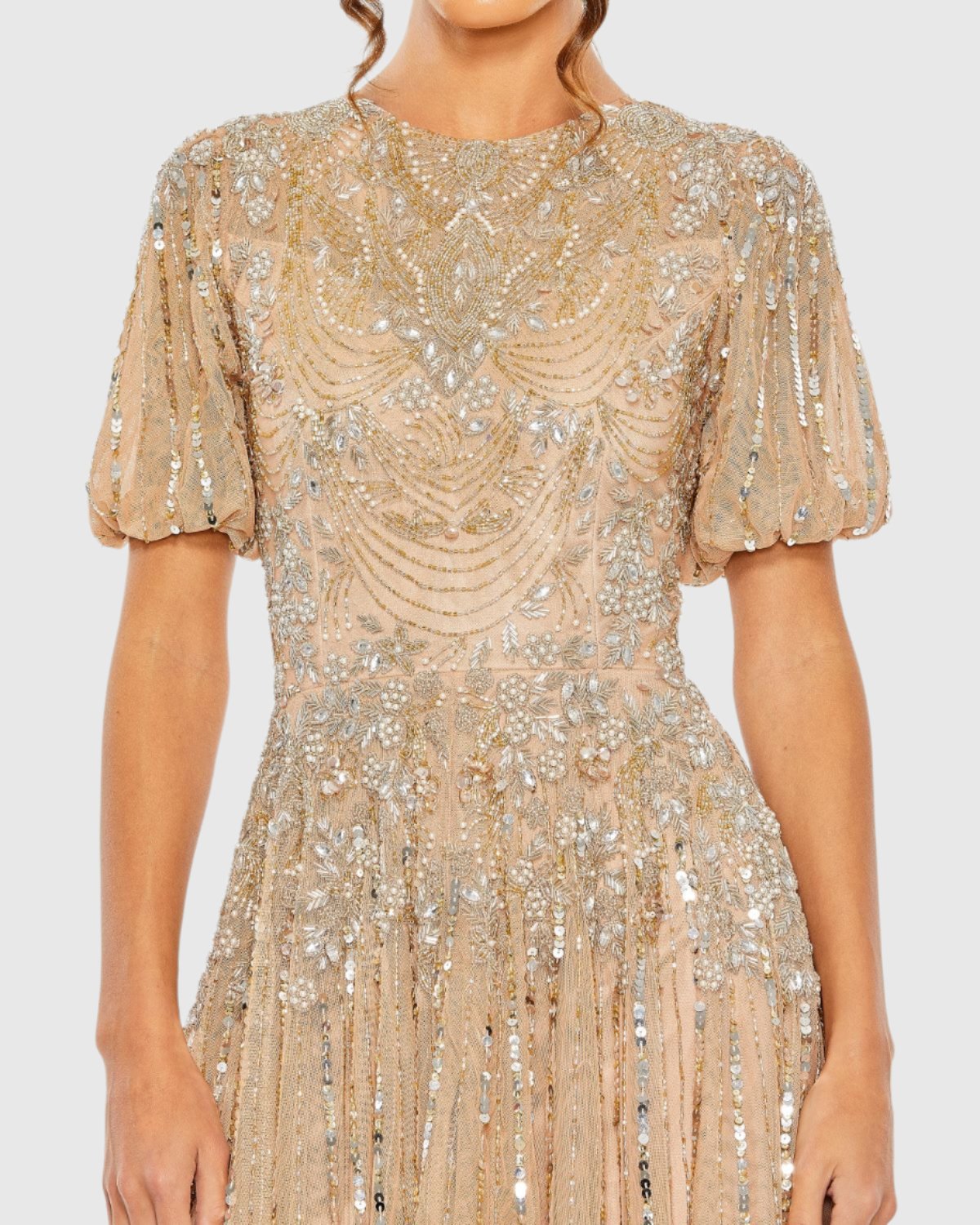 High Neck Puff Sleeve Embellished A Line Gown - Taupe