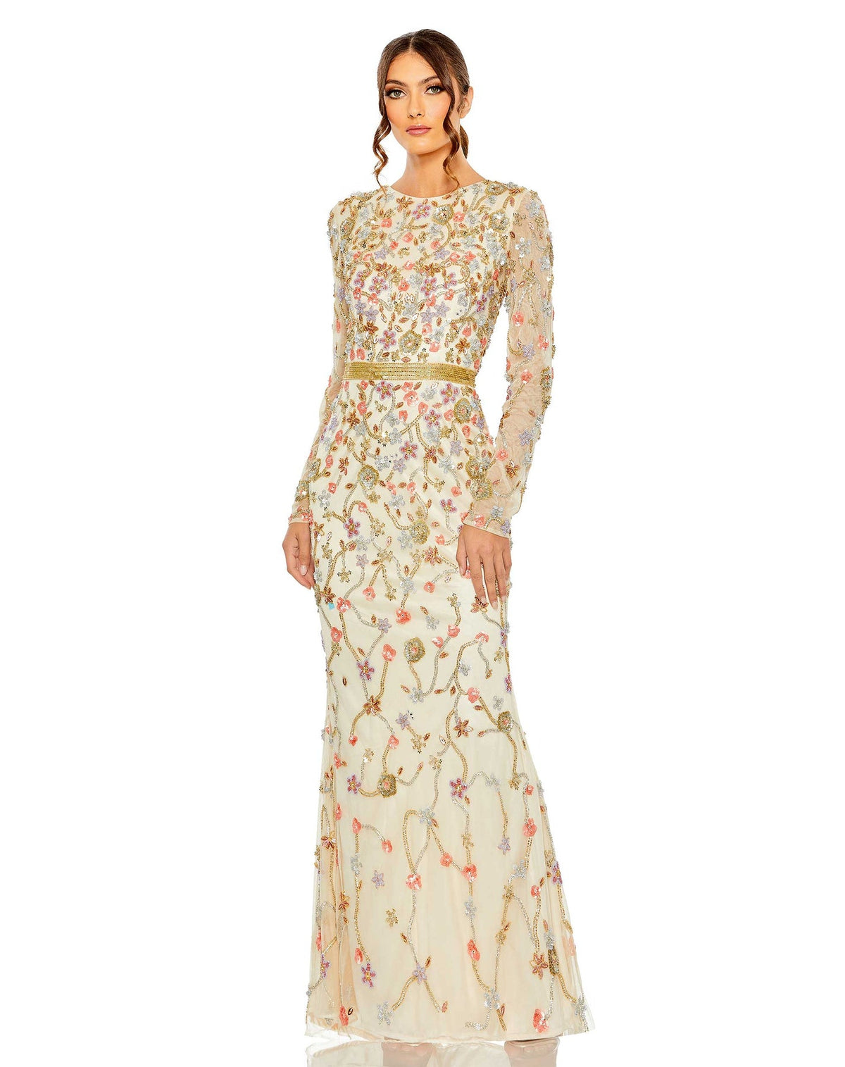 Long sleeve floral crystal embellished modest gown - Nude
