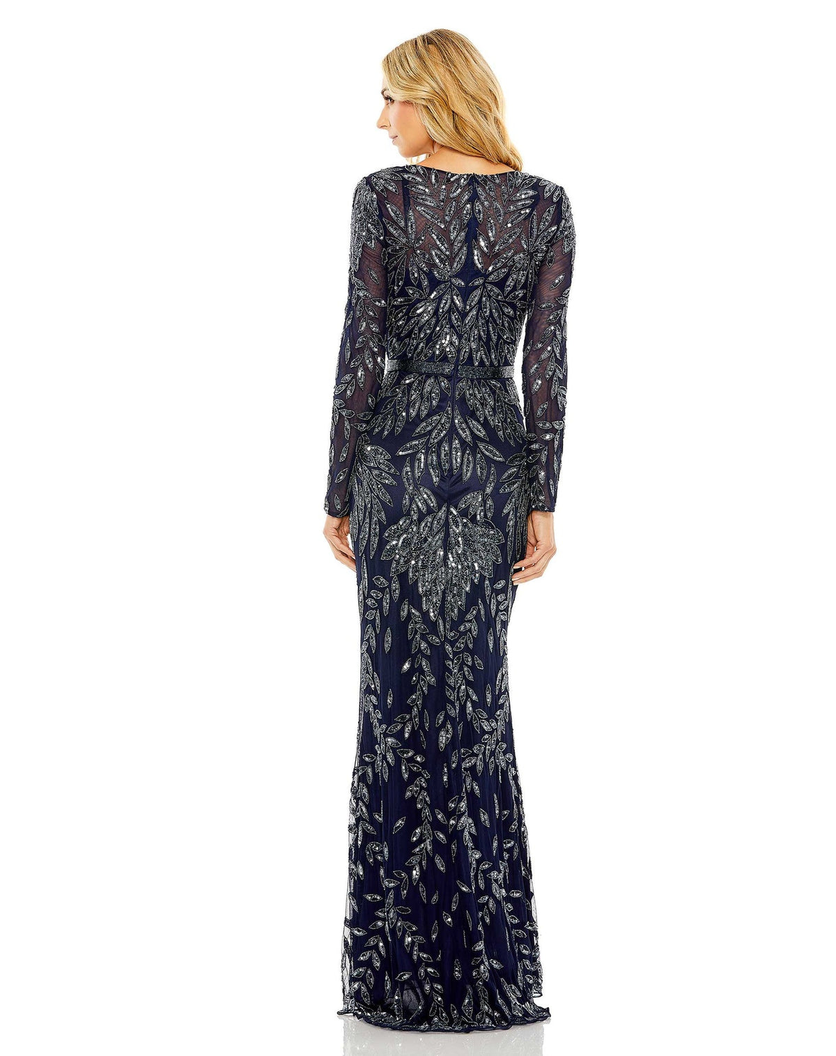 MAC DUGGAL, LONG SLEEVE ILLUSION NECKLINE EMBELLISHED GOWN, Style #6023, MIDNIGHT BLUE, MODEST GOWN BACK VIEW