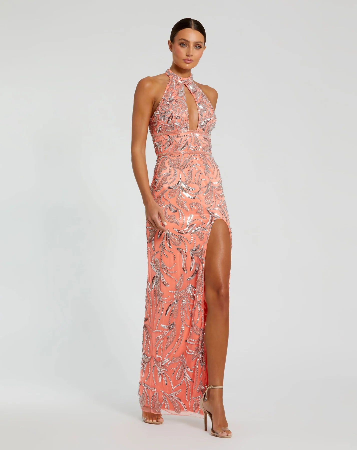 mac duggal chain halter keyhole-cutout a-line maxi dress Mac Duggal Beige Gold Chain Trim Keyhole Halter Neck A Line Gown Size 8 $398