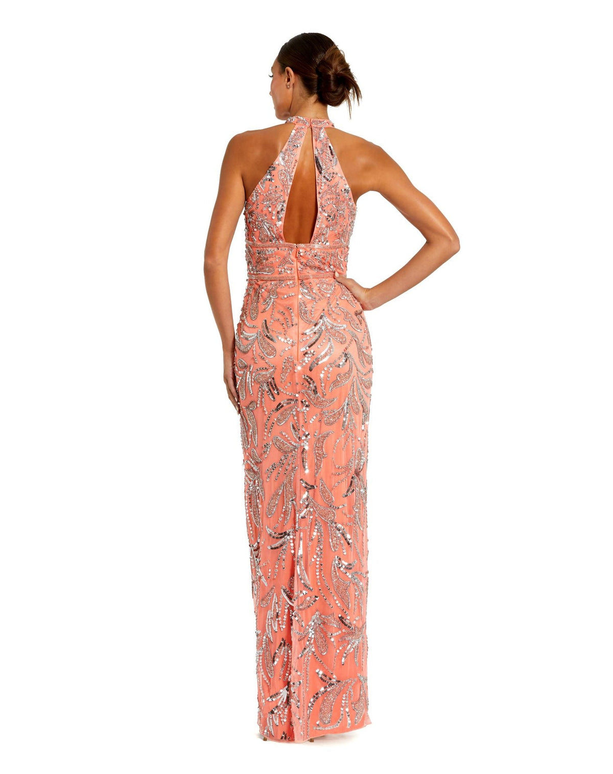 Mac Duggal, High neck keyhole cutout thigh split gown - Coral, Style #6030 back view