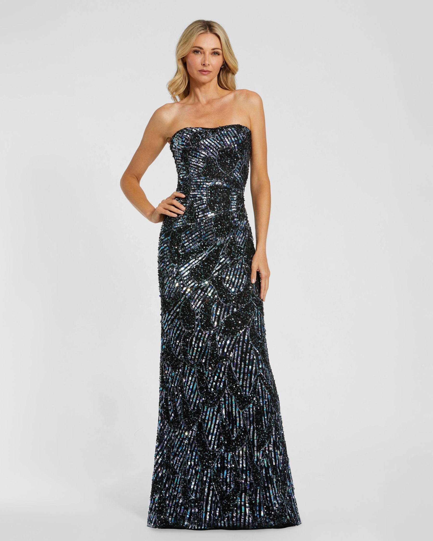 Mac Duggal 6046 black multicolour sequin strapless column gown — front