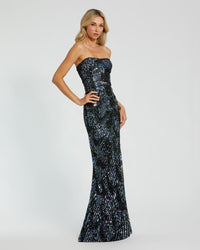 Black Multicolor Sequin Strapless Column Gown